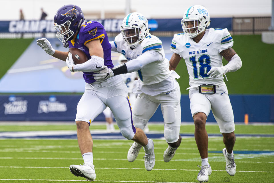 West Florida safety D'Anthony Bell, No. 7, tries to make a tackle during the Division II Football Championship game in 2019. (Photo by Tim Nwachukwu/NCAA Photos via Getty Images)