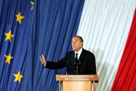 FILE PHOTO: French President Jacques Chirac delivers a speech at L'Ile Longue Nuclear Submarine Base