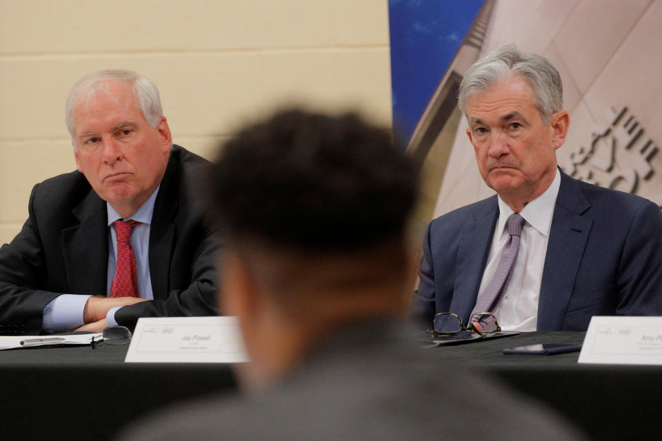 U.S. Federal Reserve Chair Jerome Powell and Federal Reserve Bank of Boston President Eric Rosengren attend a presentation by the East Hartford CONNects, a Working Cities Challenge initiative, and community residents' project at Silver Lane Elementary School in East Hartford, Connecticut, U.S., November 25, 2019. REUTERS/Brendan McDermid