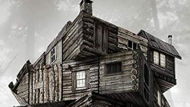 the poster for the classic horror movie the cabin in the woods, which features a house that is twisted like a puzzle box