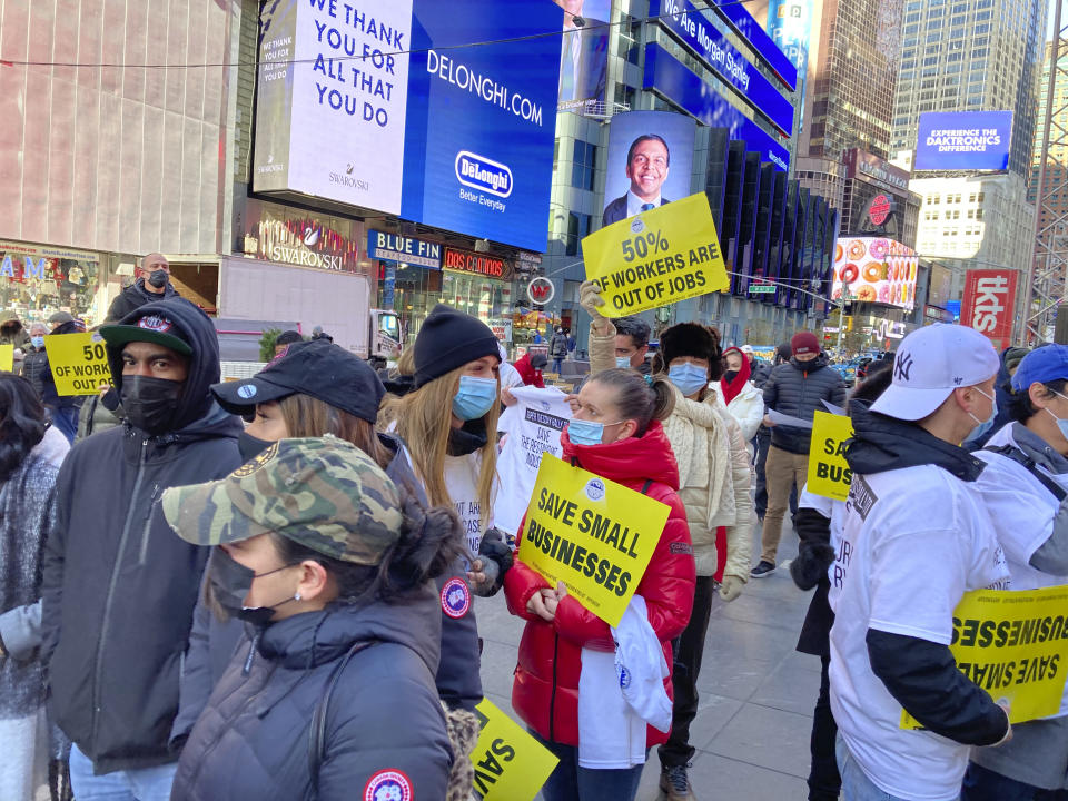 Photo by: STRF/STAR MAX/IPx 2020 12/15/20 Rally to save Restaurants, Bars and Jobs at Times Square Red Steps in New York City. New York closed all restaurants for indoor dining starting this week.