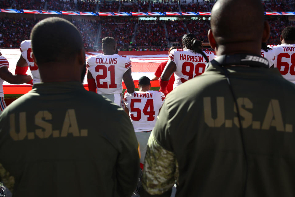 <p>Olivier Vernon #54 of the New York Giants kneels during the national anthem prior to their NFL game against the San Francisco 49ers at Levi’s Stadium on November 12, 2017 in Santa Clara, California. (Photo by Ezra Shaw/Getty Images) </p>