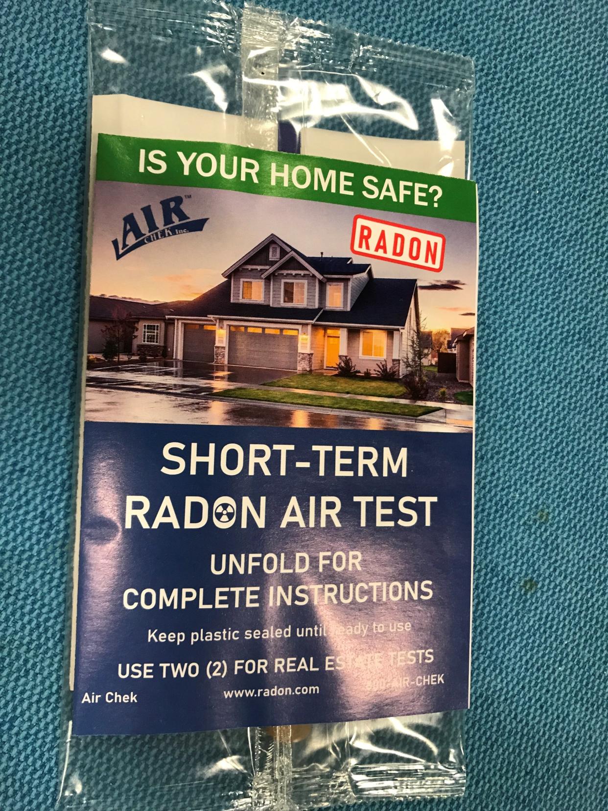 The simple radon test kits offered by Michigan's county health programs, either free or at below cost, are also available online for $17.99 via www.radon.com. To use, hang the envelope of activated charcoal from a basement ceiling for three to seven days.