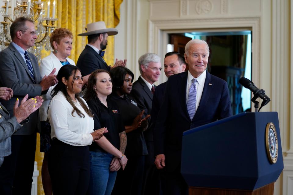 President Joe Biden celebrates the first anniversary of the Inflation Reduction Act at the White House on Aug. 16, 2023.