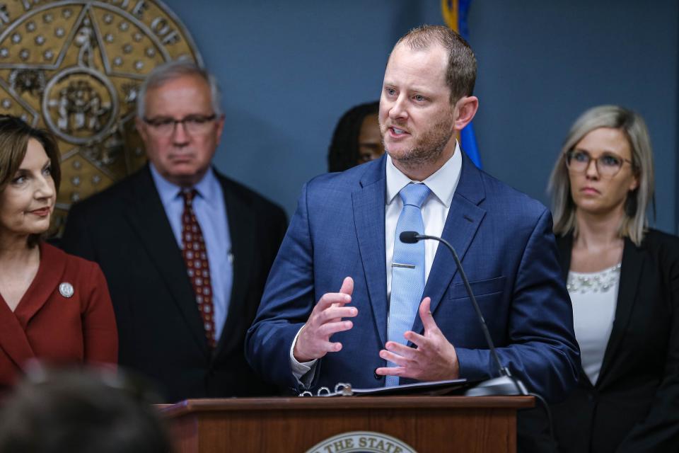 Brad Clark, legal counsel, speaks at a press conference detailing the findings of an investigative report about Epic Charter Schools at Oklahoma State Department of Education In the Oliver Hodge building in Oklahoma City on Tuesday, June 21, 2022.