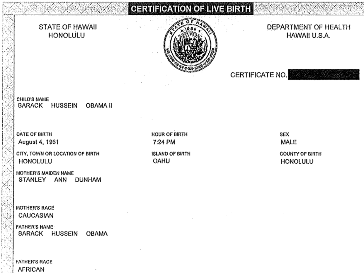 Barack Obama's birth certificate demonstrates he was born in America: White House