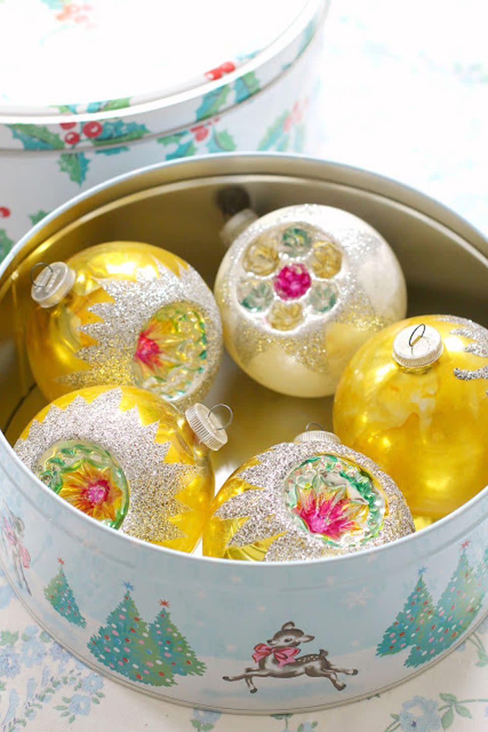 8) Holiday Tin Ornament Storage