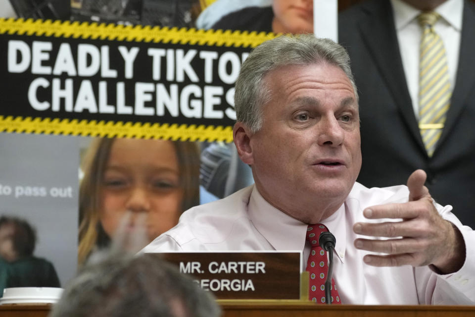 Rep. Earl Carter, R-Ga., questions TikTok CEO Shou Zi Chew during a hearing of the House Energy and Commerce Committee, on the platform's consumer privacy and data security practices and impact on kids, Thursday, March 23, 2023, on Capitol Hill in Washington. (AP Photo/Alex Brandon)