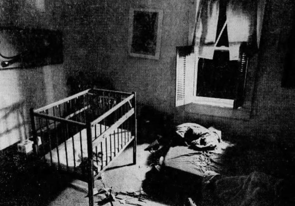 The McSurely family’s bedroom in Pike County, in shambles after a nighttime bombing in 1968.