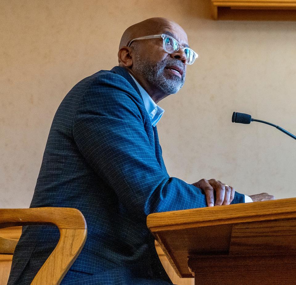 Willie L. Hines Jr., Secretary-Executive Director of the Housing Authority of the City of Milwaukee (HACM), makes remarks at a HACM monthly board meeting on Wednesday September 13, 2023 at Milwaukee City Hall in Milwaukee, Wis.