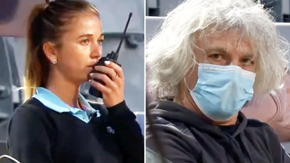 The chair umpire, pictured here calling for protection from Camila Giorgi's father.