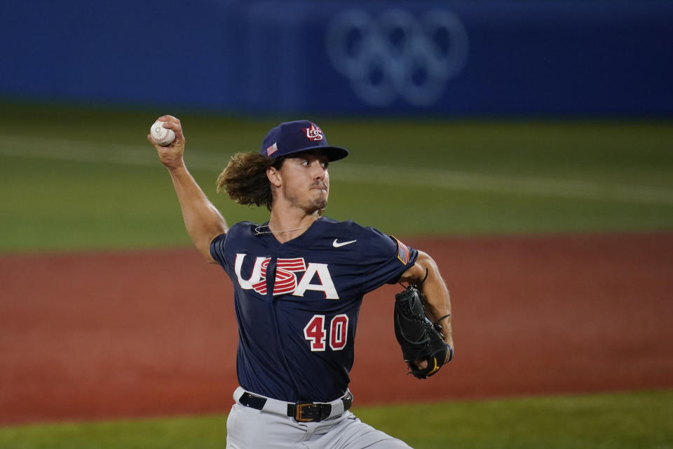 United States' Joe Ryan pitches during a baseball game against Israel at the 2020 Summer Olympics, Friday, July 30, 2021, in Yokohama, Japan. (AP Photo/Sue Ogrocki)