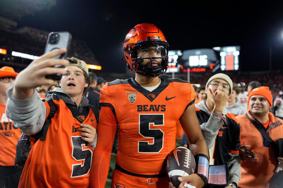 Oregon State Beavers quarterback DJ Uiagalelei (5) leaves the field after the victory over the Utah Utes at Reser Stadium Sept. 29 in Corvallis.