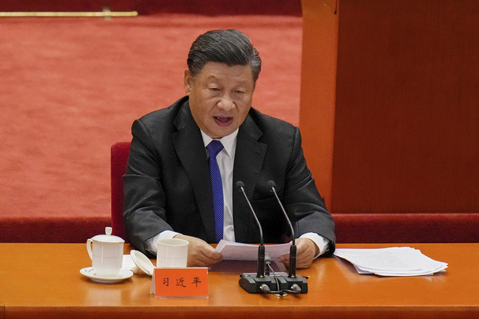 Chinese President Xi Jinping delivers a speech at an event commemorating the 110th anniversary of Xinhai Revolution at the Great Hall of the People in Beijing, Saturday, Oct. 9, 2021. (AP Photo/Andy Wong)