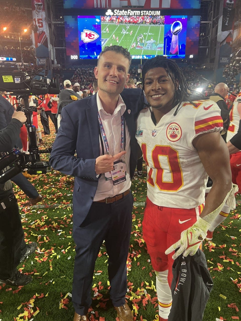 Cassidy Kaminski and Kansas City Chiefs running back Isiah Pacheco pose together after the Chiefs won the Super Bowl earlier this month. Kaminski scouted Pacheco before the draft last year.