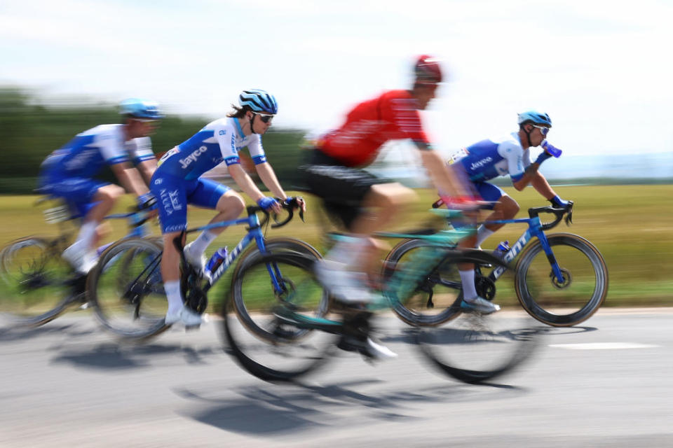 The pack rides during the third stage of the 75th edition of the Criterium du Dauphine cycling race 1945 kms between MonistrolSurLoire and Le Coteau centraleastern France on June 6 2023 Photo by AnneChristine POUJOULAT  AFP Photo by ANNECHRISTINE POUJOULATAFP via Getty Images