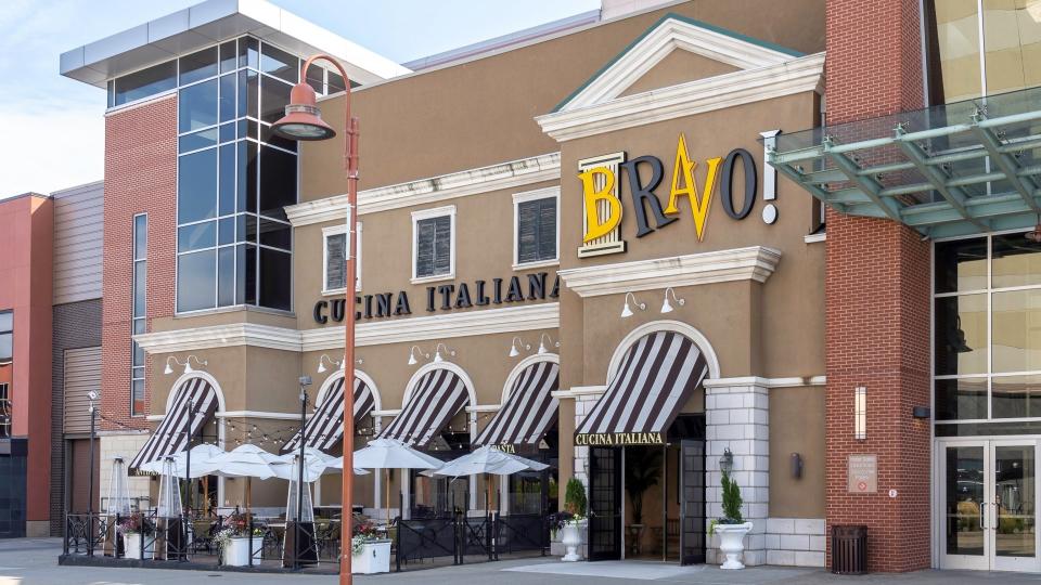 Buffalo, New York, USA - September 22, 2019: The BRAVO Cucina Italiana restaurant at Walden Galleria in Buffalo; an Italian chain serving pasta, grilled dishes, pizza & cocktails amid Roman-ruin decor.