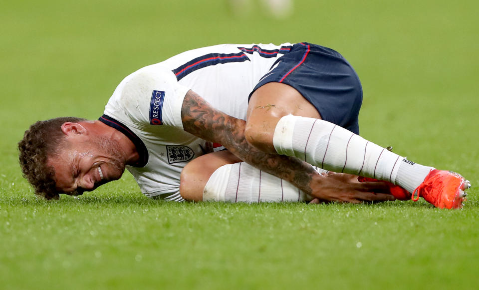 England's Kieran Trippier goes down injured after a tackle from Denmark's Christian Norgaard (not in frame) during the UEFA Nations League Group 2, League A match at Parken Stadium, Copenhagen. (Photo by Nick Potts/PA Images via Getty Images)