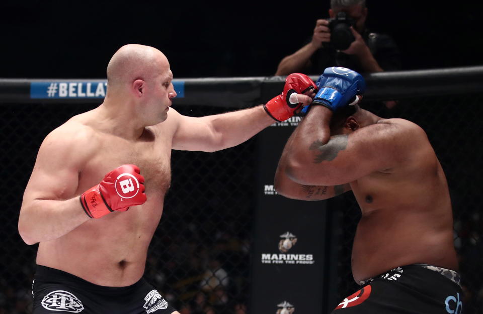 SAITAMA, JAPAN - DECEMBER 29, 2019: Russian MMA fighter Fedor Emelianenko (L) and his American rival Quinton 'Rampage' Jackson struggle in their Bellator 237 heavyweight main event at Saitama Super Arena; Bellator 237 is a cross-promotional event between Bellator MMA and the Rizin Fighting Federation. Valery Sharifulin/TASS (Photo by Valery Sharifulin\TASS via Getty Images)