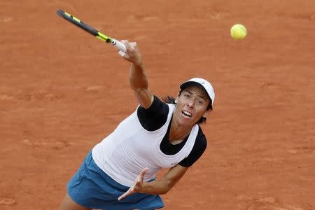 Tennis - French Open - Roland Garros - Francesca Schiavone of Italy vs France's Kristina Mladenov Paris, France - 24/05/16. Francesca Schiavone serves. REUTERS/Gonzalo Fuentes