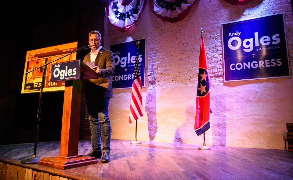 Republican candidate Andy Ogles, running for the House of Representatives in Tennessee's newly created 5th Congressional District, speaks in front of his supporters at an election night watch party at Puckett's in Columbia, Tenn., Tuesday, Nov. 8, 2022.