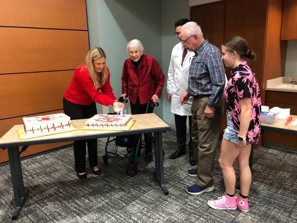 Henrietta Henderson, second from left, celebrates her 101st birthday during Mercy Hospital Springfield's Feb. 1, 2024, event to kick off American Heart Month. Henderson had her aortic valve replaced during a minimally invasive procedure in July 2023.