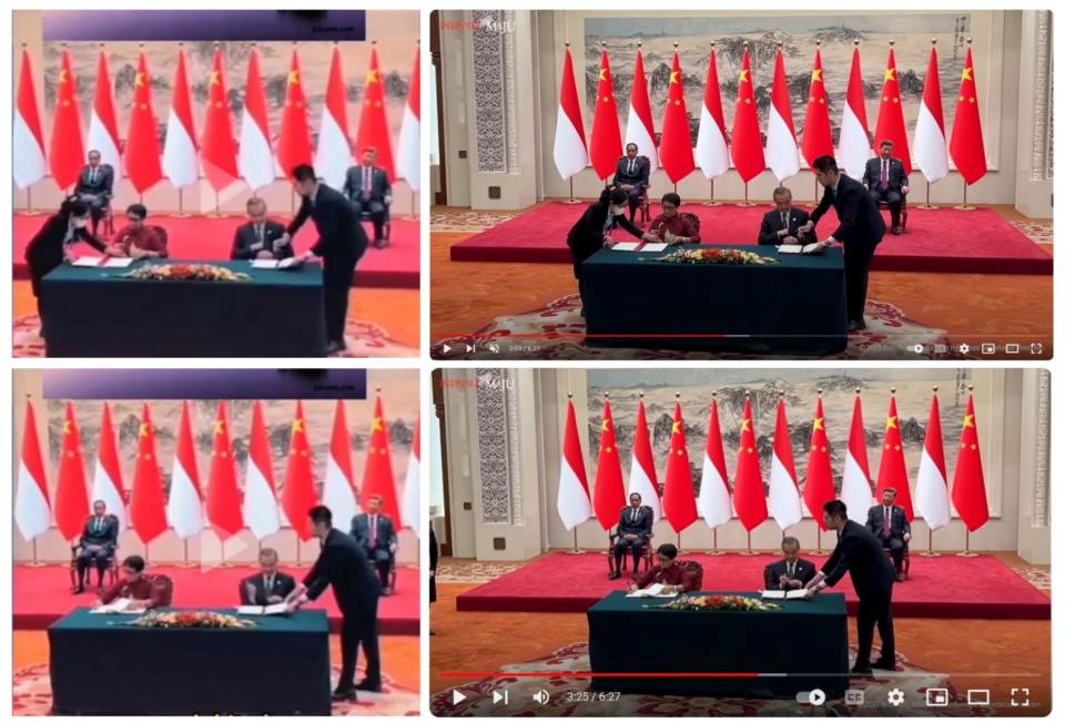 <span>Screenshot comparisons of the clip in the false post (left) and the original video from the Indonesian Presidential Secretariat (right)</span>