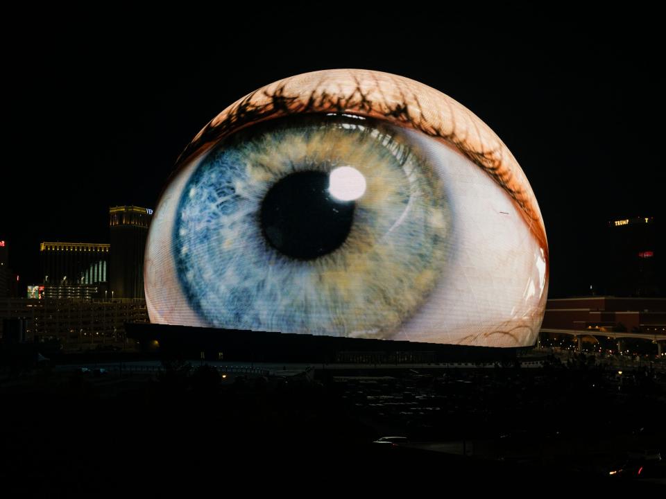 Sphere lights up, displaying an eyeball on July 04, 2023 in Las Vegas, Nevada.
