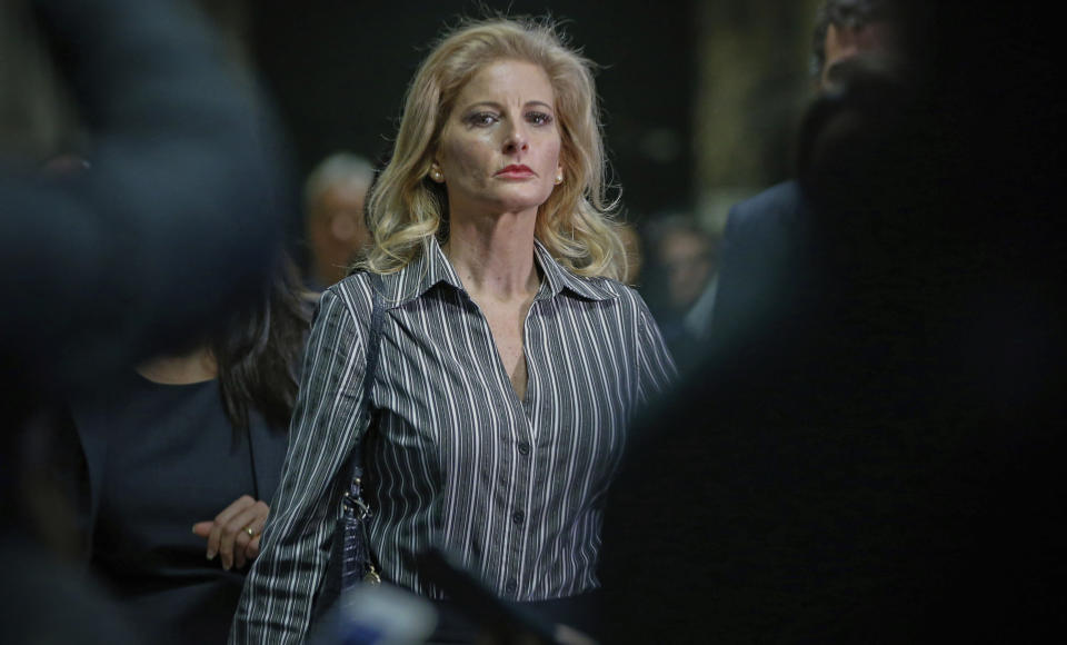 FILE - In this Dec. 5, 2017, file photo, Summer Zervos leaves Manhattan Supreme Court at the conclusion of a hearing in New York. Former President Donald Trump wants to countersue Zervos, a former "Apprentice" contestant, who accused him of defaming her when he denied her sexual assault allegations. Trump lawyer Alina Habba asked a court’s permission Monday, Oct. 18, 2021, to pursue a counterclaim against Zervos. (AP Photo/Kathy Willens, File)