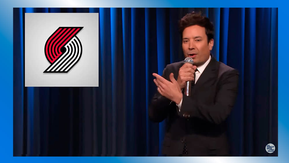  Portland Trail Blazers logo and Jimmy Fallon on The Tonight Show Starring Jimmy Fallon. 