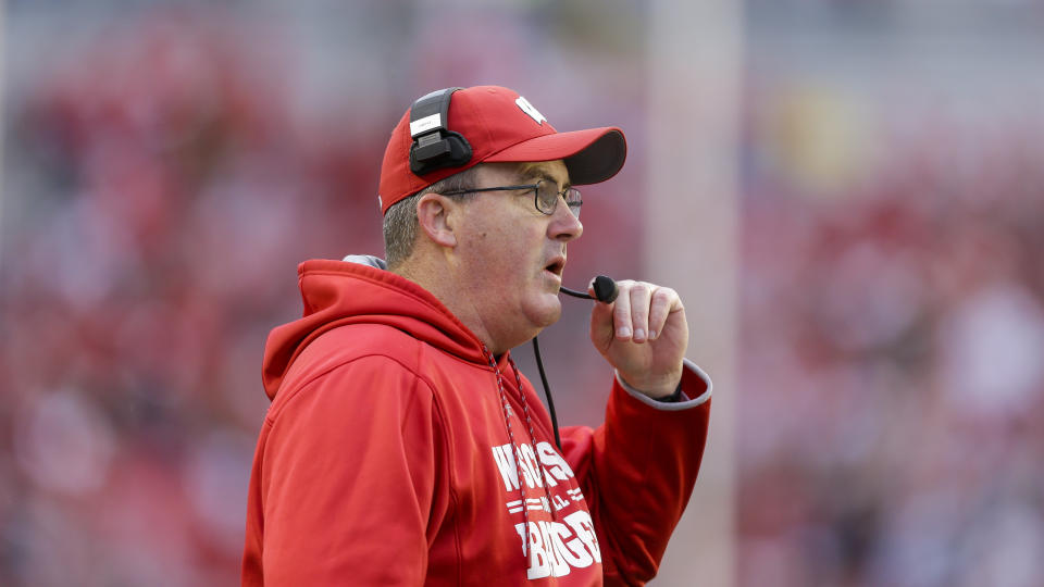 Wisconsin head coach Paul Chryst during the second half of an NCAA college football game against Michigan State Saturday, Oct. 12, 2019, in Madison, Wis. Wisconsin won 38-0. (AP Photo/Andy Manis)