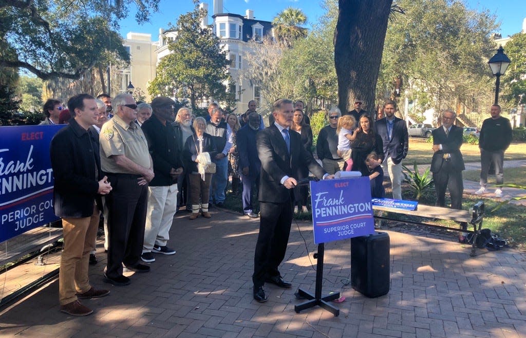 Frank Pennington gives a speech during an announcement event for a Chatham County Superior Court Judge bid at Taylor Square on March, 19 2024.