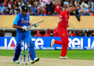 England's Stuart Broad celebrates after bowling Rohit Sharma during the ICC Champions Trophy Final at Edgbaston, Birmingham.