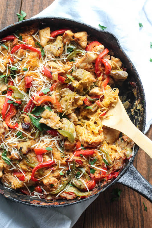 <p>Destination Delish</p><p>All the flavor of Cajun chicken pasta packed into a lightened-up, spaghetti squash casserole.</p><p><a href="http://www.destinationdelish.com/cajun-chicken-spaghetti-squash-bake/" rel="nofollow noopener" target="_blank" data-ylk="slk:Get the recipe here!;elm:context_link;itc:0;sec:content-canvas" class="link rapid-noclick-resp"><em><strong>Get the recipe here!</strong></em></a></p>