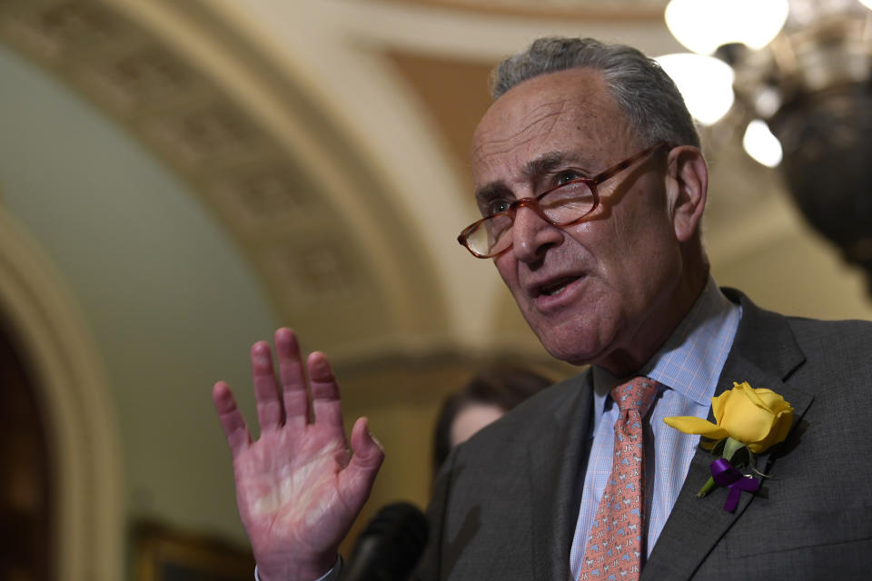 Senate Minority Leader Sen. Chuck Schumer of N.Y., speaks to reporters following the weekly policy lunches on Capitol Hill in Washington, Tuesday, June 4, 2019. (AP Photo/Susan Walsh)