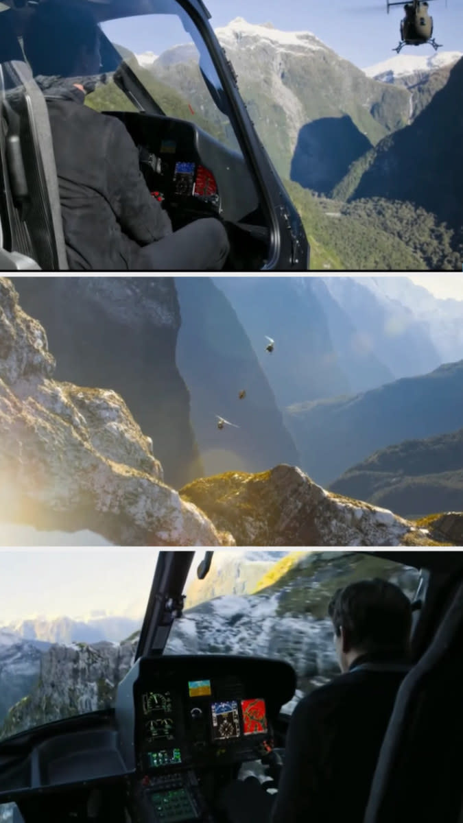 Tom Cruise chasing another helicopter in his own helicopter