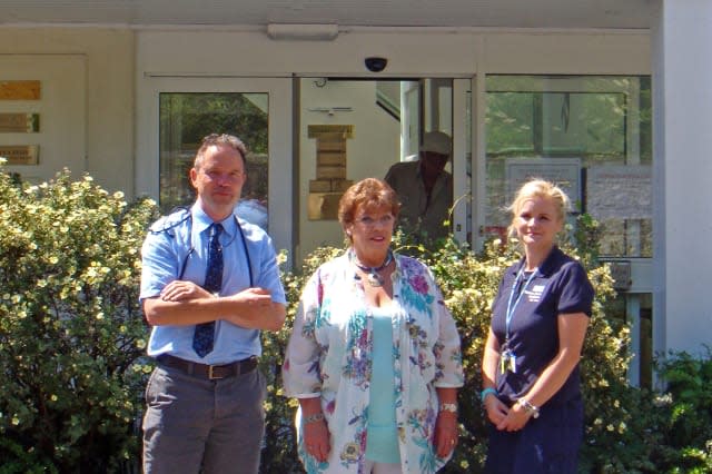 Ann Veit (centre) with with her GP Dr Phil Taylor (left) and specialist stop smoking adviser Lucy Drury (right)