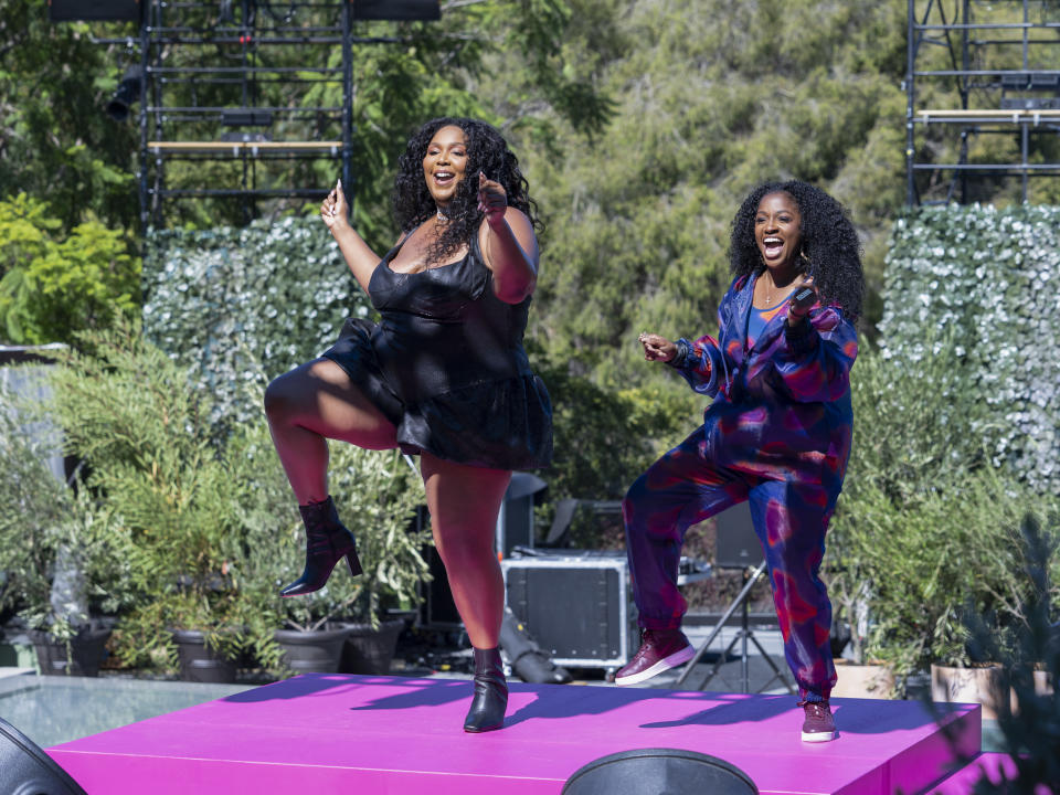 Lizzo and choreographer Tanisha Scott on Amazon Prime Video’s ‘Watch Out for the Big Grrrls.’ - Credit: James Clark/Amazon Prime Video