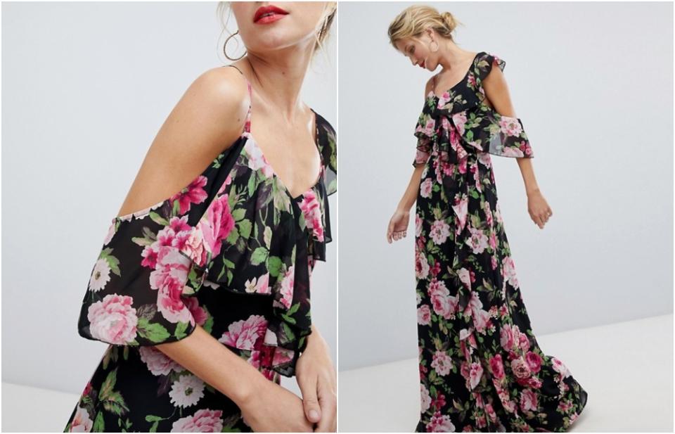 ASOS DESIGN Wrap Maxi Dress With Ruffles In Dark Floral Print