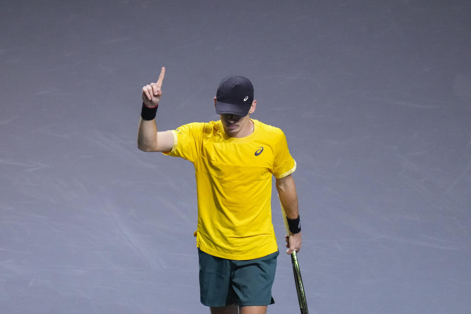 Australia's Alex De Minaur celebrates during a Davis Cup quarter-final tennis match against Jiri Lehecka of the Czech Republic in Malaga, Spain, Wednesday, Nov. 22, 2023. (AP Photo/Manu Fernandez)