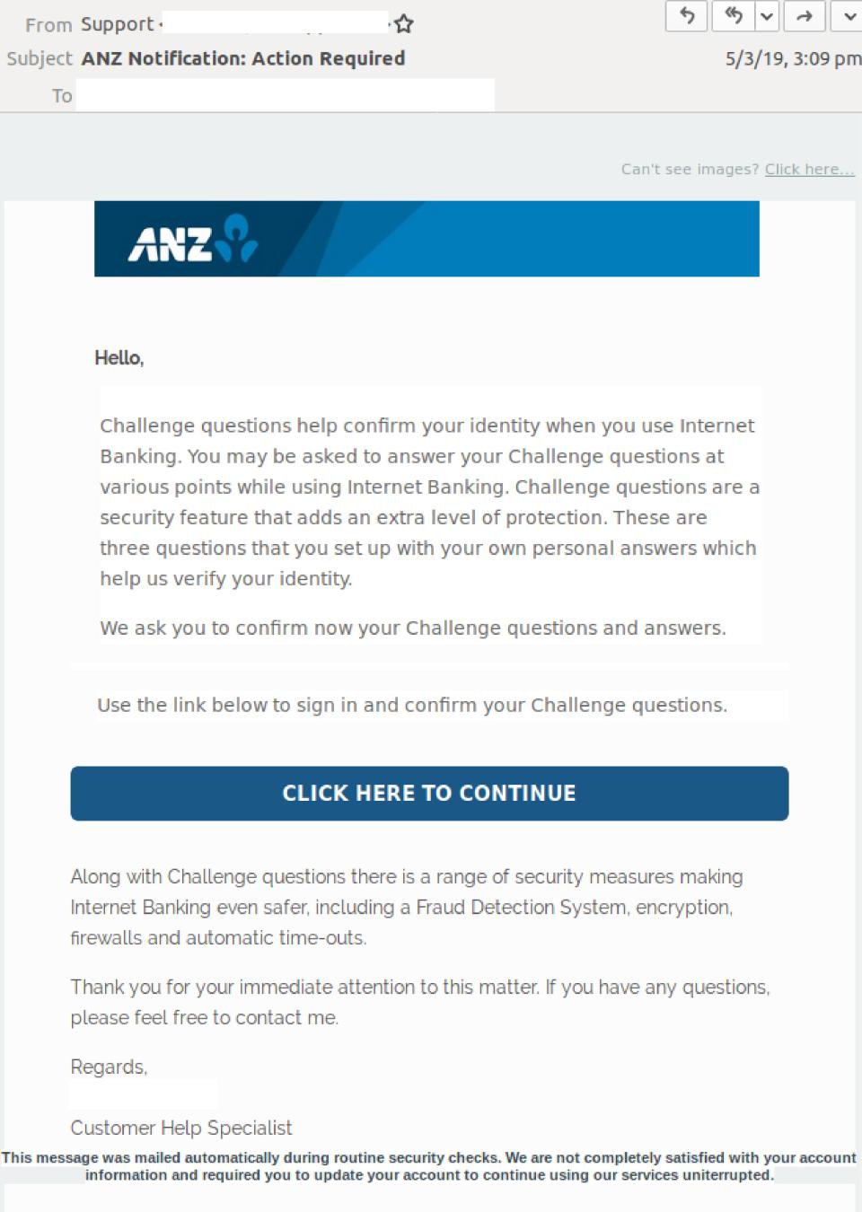 Fake ANZ email. (Source: Mailguard)