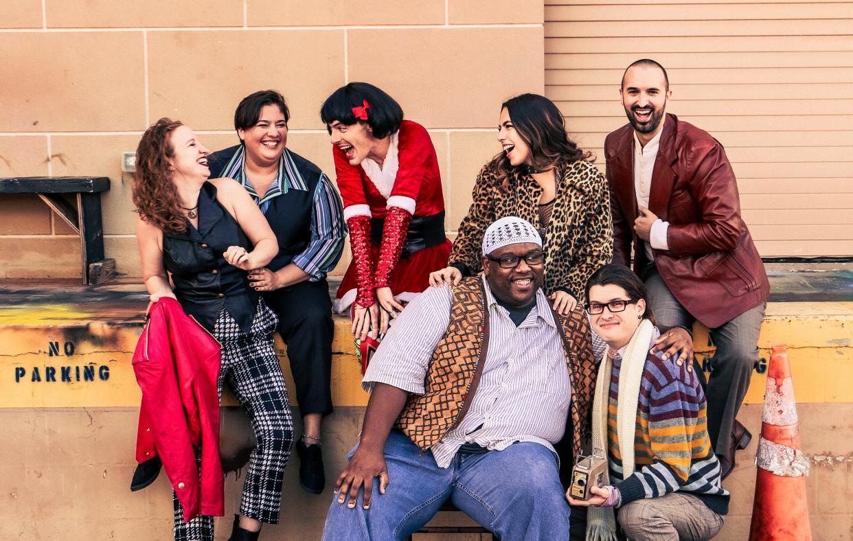 The cast of the Manatee Players production of “Rent” features, from left, Vera Samuels, Madison Bradley, Brian Craft, Eldred Brown, Ariella Pizarro Johnston, Jason Ellis and Derek Brookens.