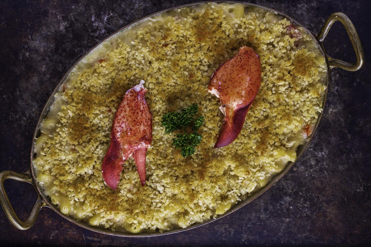 Baked mac and cheese with lobster and a bread-crumb crust. Garnished with parsley and lobster claws.