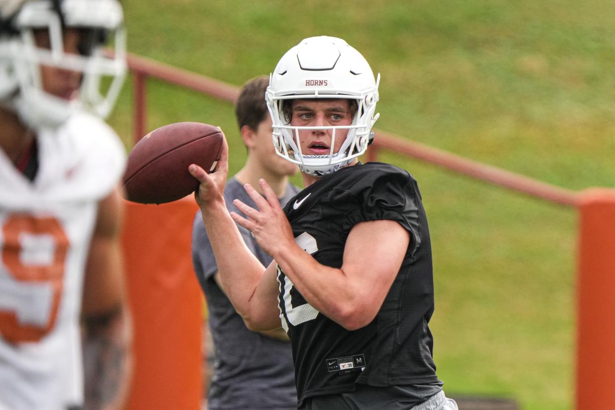 Texas quarterback Arch Manning (16) throws a pass during the first Texas Longhorns football practice of 2023 at the Frank Denius Fields on the University of Texas at Austin campus on Monday, March 6, 2023.