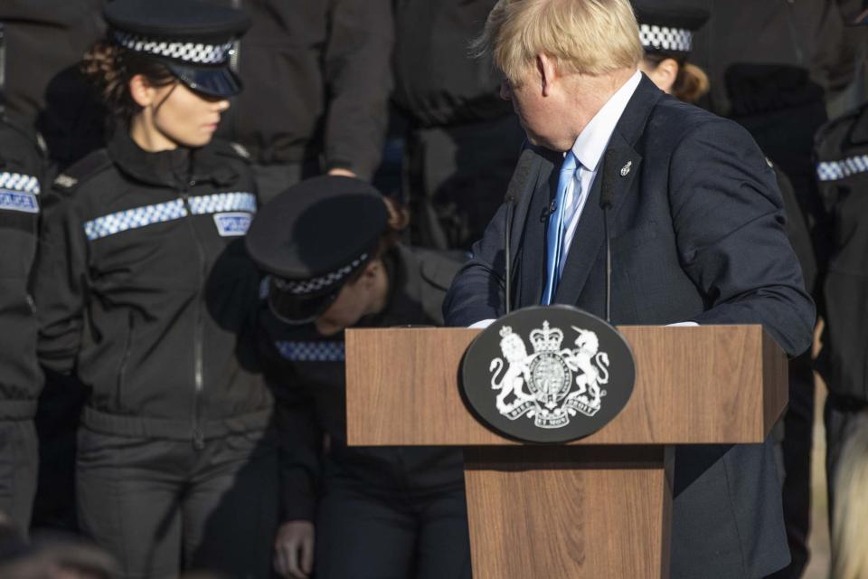 Boris Johnson reacts as a student officer is forced to sit down during his speech (Getty Images)