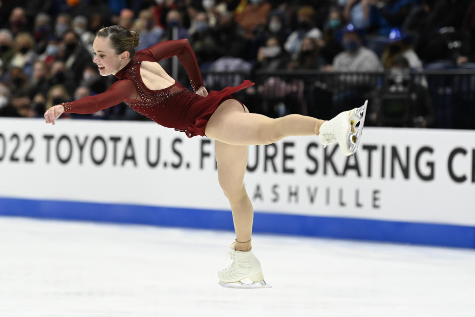 Mariah Bell competes in the women's free skate program during the U.S. Figure Skating Championships Friday, Jan. 7, 2022, in Nashville, Tenn. (AP Photo/Mark Zaleski)