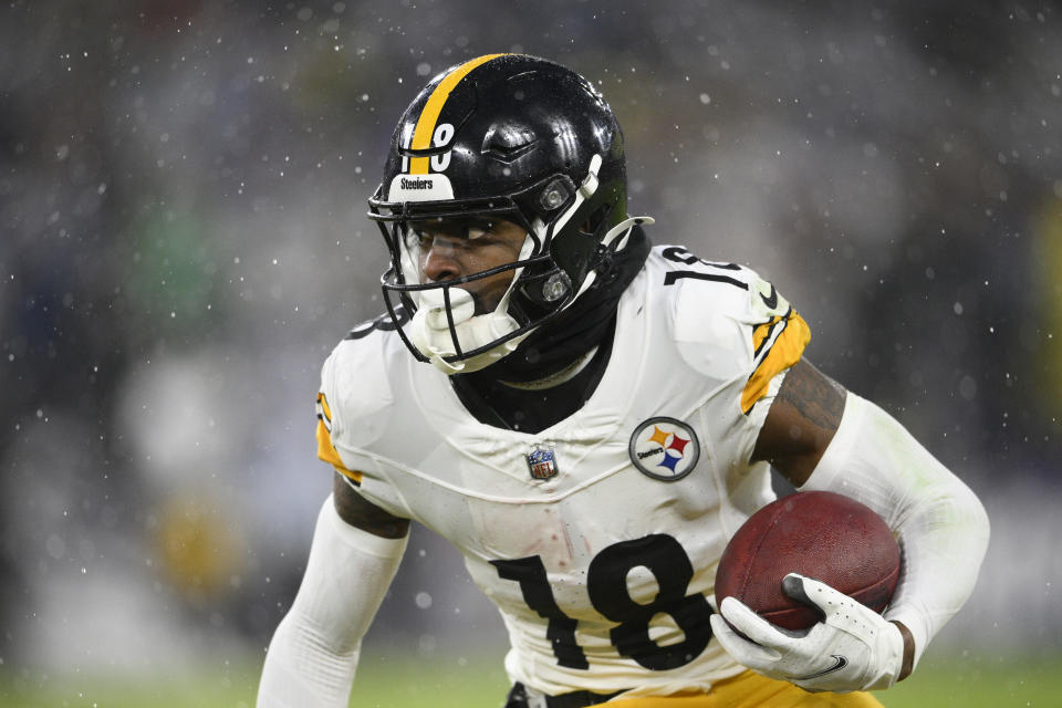 Pittsburgh Steelers wide receiver Diontae Johnson (18) in action during the first half of an NFL football game against the Baltimore Ravens, Saturday, Jan. 6, 2024, in Baltimore. (AP Photo/Nick Wass)