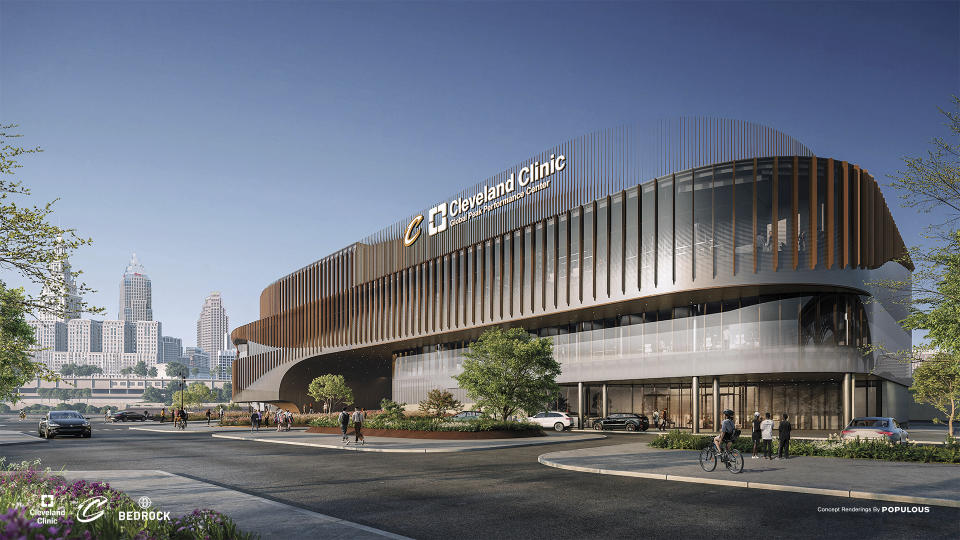 This artists rendering provided by Populous shows the proposed Cleveland Clinic Global Peak Performance Center in downtown Cleveland. The Cavaliers are stepping up their off-court game. The NBA franchise unveiled renderings on Tuesday, March 26, 2024, for a new world-class practice and training facility in downtown that will further develop unused land on the Cuyahoga River and potentially help lure free agents to Cleveland. (Cleveland Cavaliers/Populous via AP)