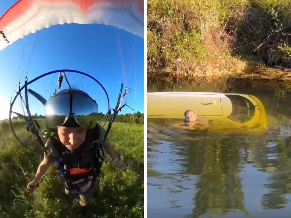 A collage showing Cristiano Piquet landing in a field to assist a woman who had fallen into a canal with her car.