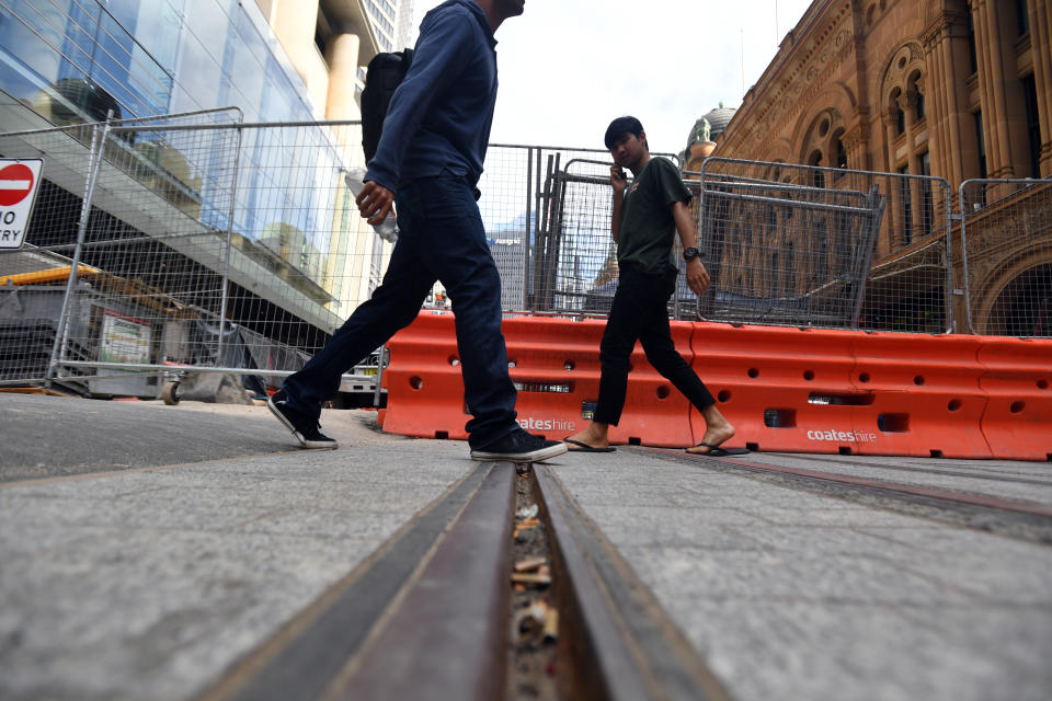 A close up of the new trams tracks while under construction. 